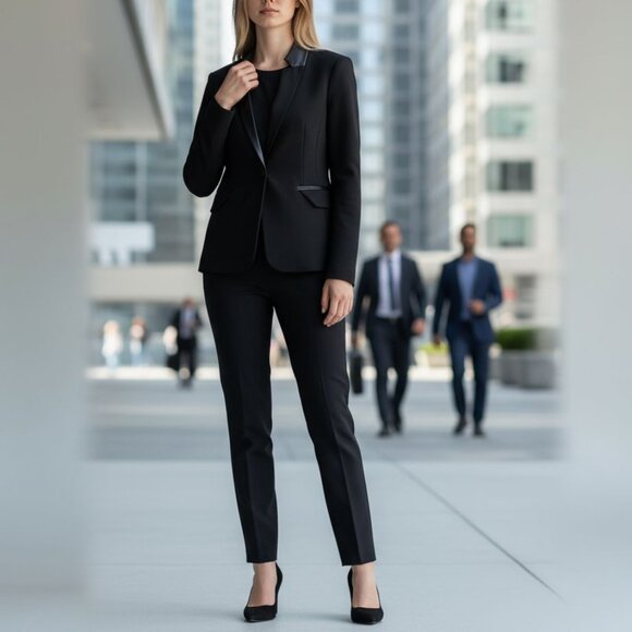 St. John Leather Trim Collared Black Blazer Single Breasted Blazer Sz. 6 - Picture 2 of 15